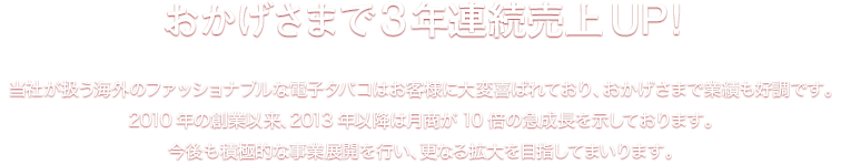 おかげさまで3年連続売上UP！ 当社が扱う海外のファッショナブルな電子タバコはお客様に大変喜ばれており、おかげさまで業績も好調です。2010年の創業以来、2013年以降は月商が10倍の急成長を示しております。今後も積極的な事業展開を行い、更なる拡大を目指してまいります。